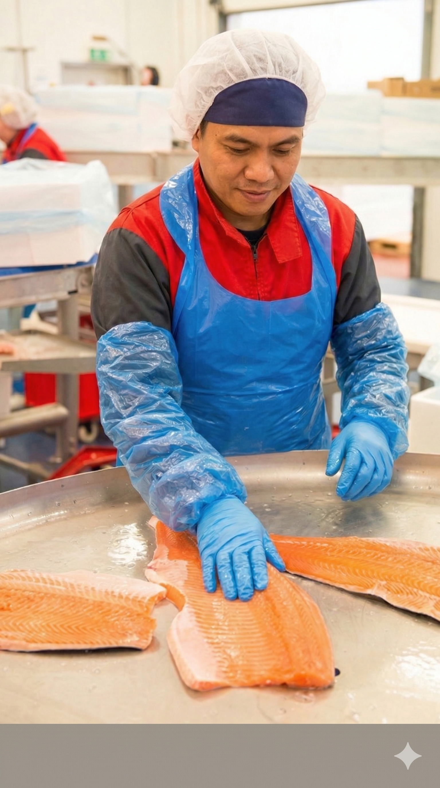 Pracownik MOWI przy filetowaniu łososia