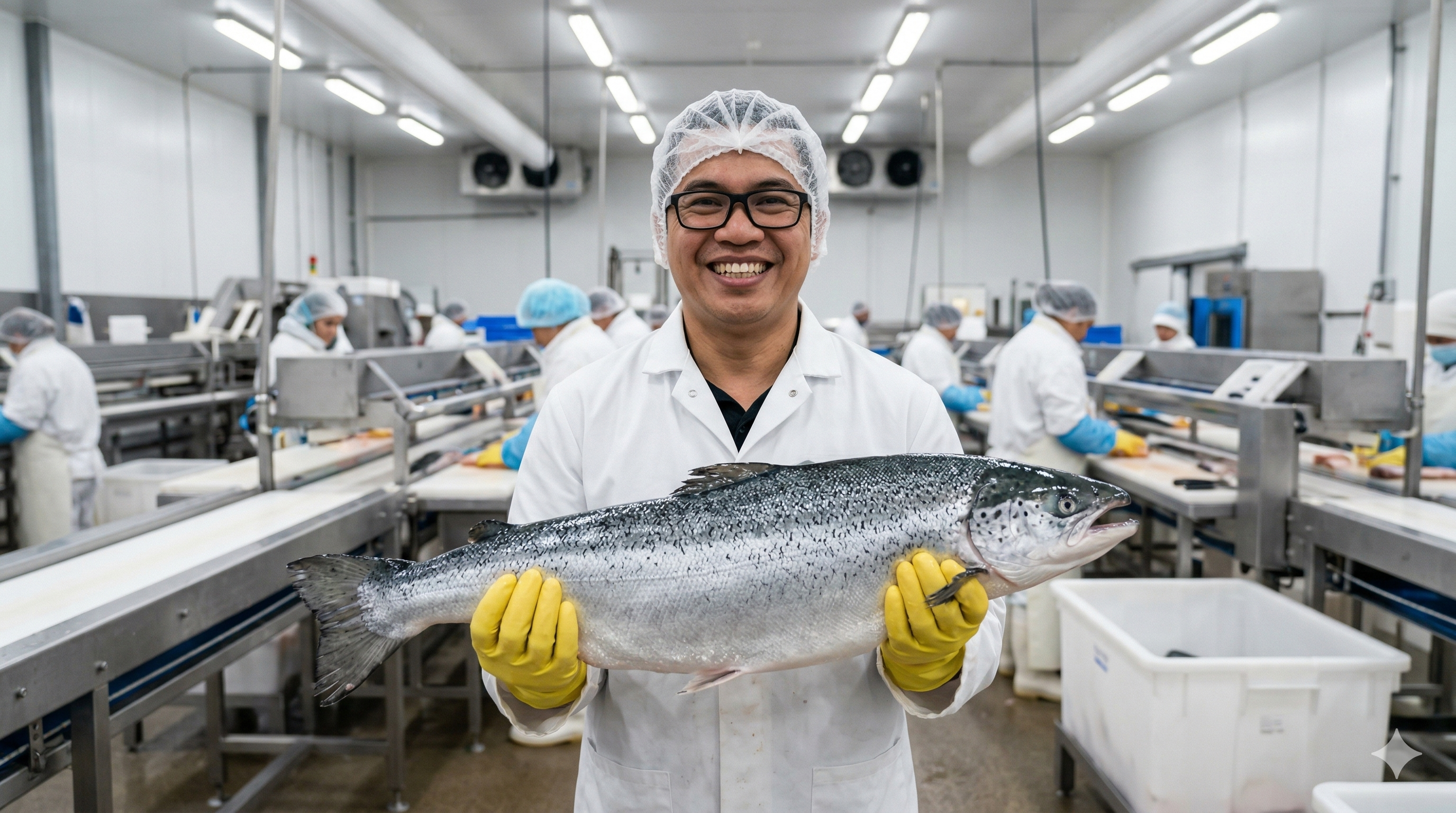 Pracownik MOWI z łososiem