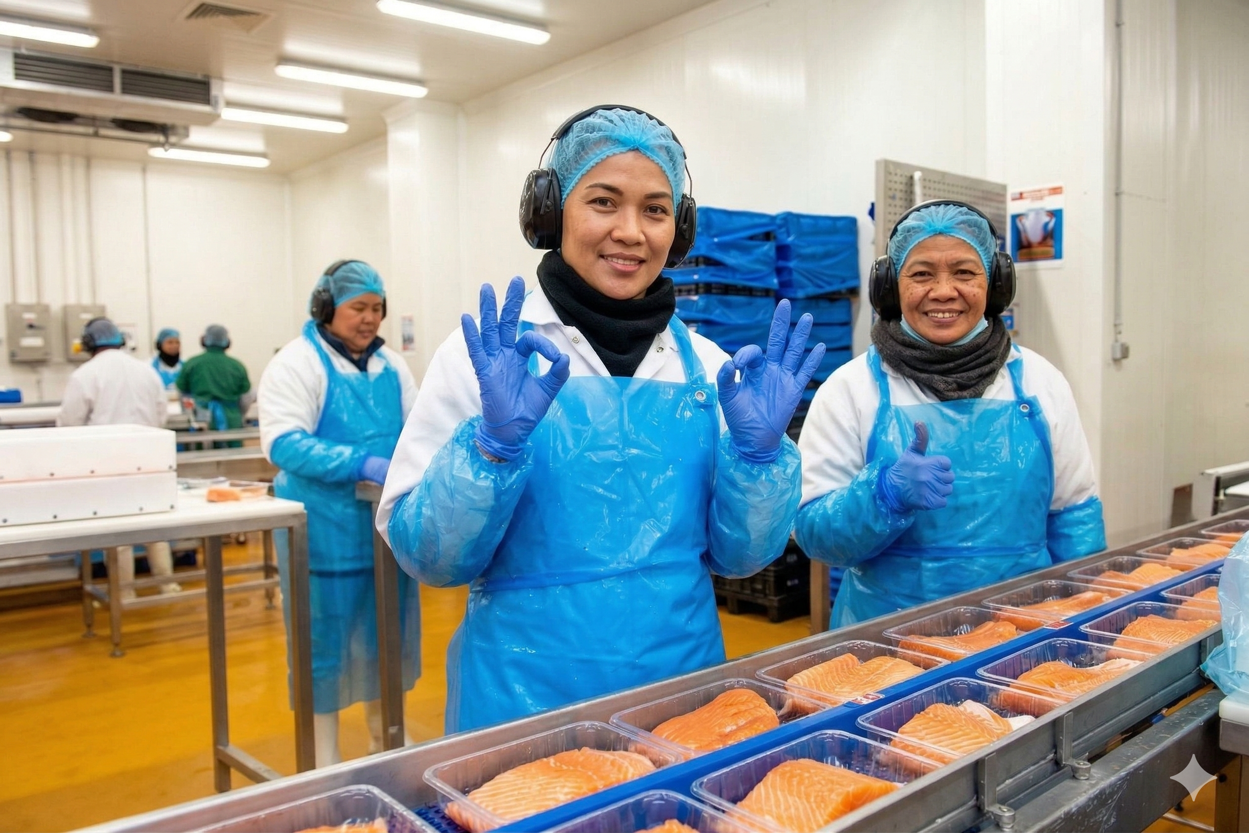 Pracownicy MOWI przy linii pakowania